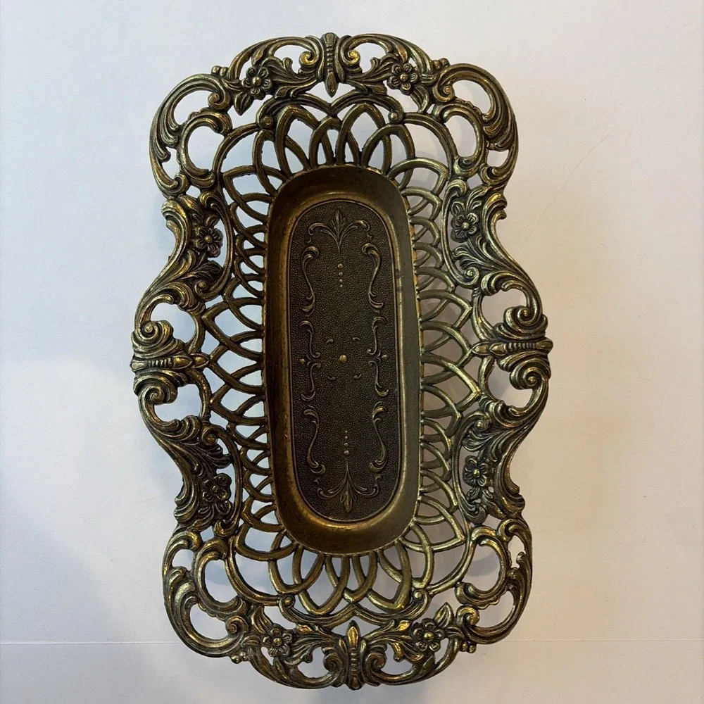 Vintage Italian Ornate Gilt Brass Pierced Footed Vanity Dresser Tray Made Italy